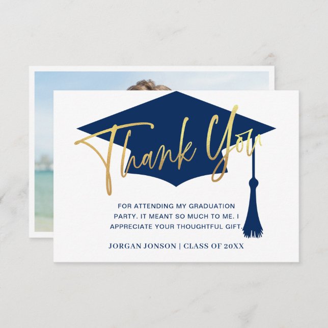 Modernes einfaches FOTO Golden Navy Abschluss Dankeskarte (Vorne/Hinten)
