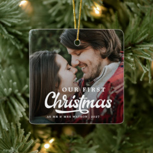 Modernes, einfaches Foto Unsere ersten Weihnachten Keramikornament