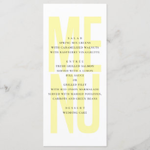 Modernes, einfaches, gelbes Typografie-Hochzeitses Menükarte