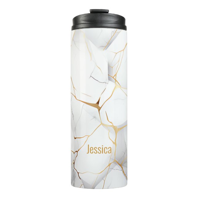 Modernes, einfaches Gold und weißes Marmor Thermosbecher (Vorderseite)