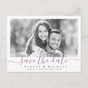 Modernes, einfaches lila Skript-Foto Save the Date Postkarte