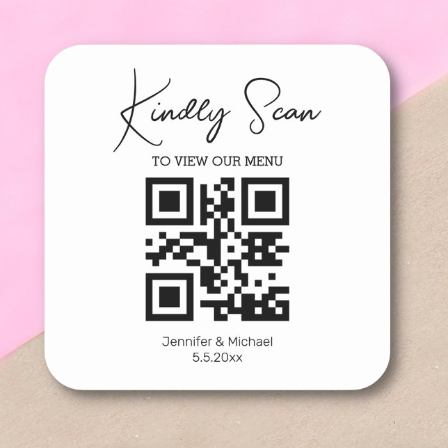 modernes einfaches Minimal-QR-Hochzeitsmenü Quadratischer Aufkleber (Von Creator hochgeladen)