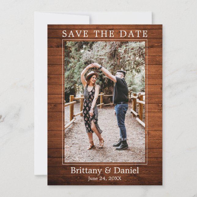 Modernes einfaches Minimalistisches Foto aus Holz Save The Date (Vorderseite)