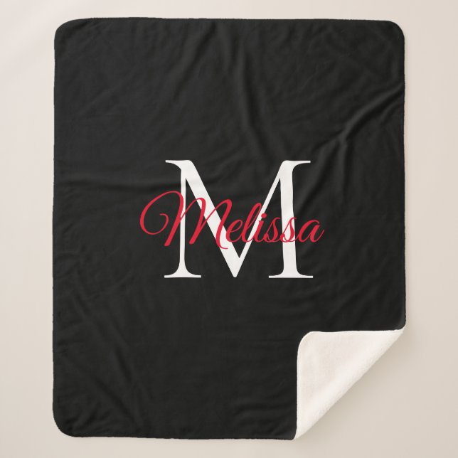 Modernes, einfaches Monogramm schwarz rot Sherpadecke (Vorderseite)