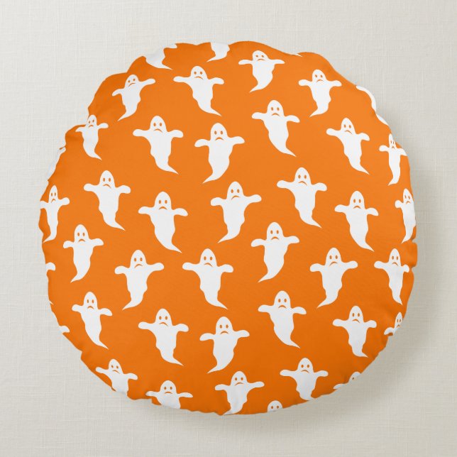 Modernes, einfaches Orange und weiße Geister Hallo Rundes Kissen (Vorderseite)