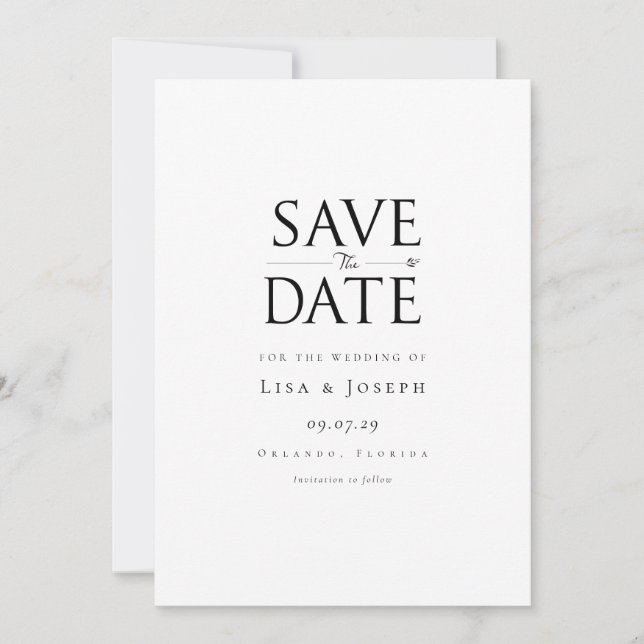 Modernes, einfaches Schwarz und Weiß Save The Date (Vorderseite)