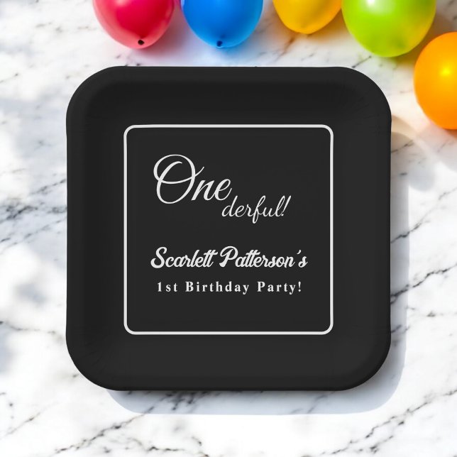 Modernes, einfaches Schwarz-Weiß-Elegant 1. Geburt Pappteller (Von Creator hochgeladen)