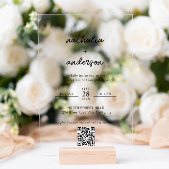 Modernes einfaches Script QR Code Hochzeitsskripte Acryleinladungen (Von Creator hochgeladen)