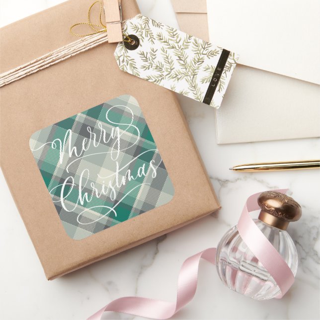 Modernes Einfaches Weihnachts Grün Kariert Quadratischer Aufkleber (Schenken)