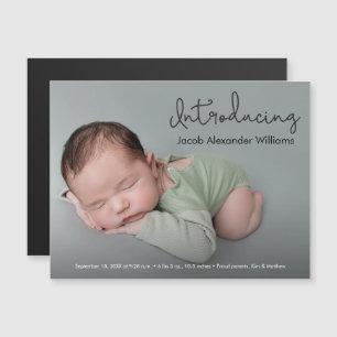 Modernes Einführung Script Custom Baby Boy Foto Magneteinladung