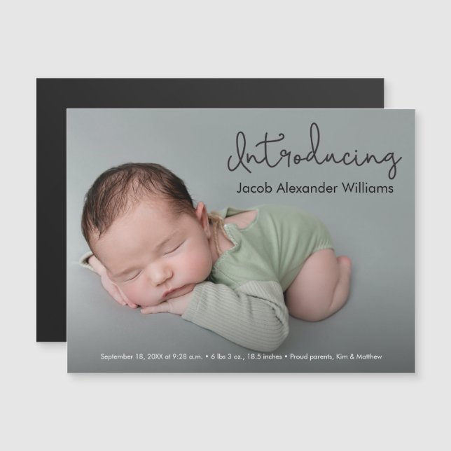 Modernes Einführung Script Custom Baby Boy Foto Magneteinladung (Vorne/Hinten)