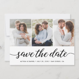 Modernes, einzigartiges 3-Foto Hochzeitsskript Save The Date