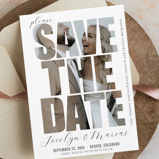 Modernes, einzigartiges Foto Einfache Hochzeit ret Save The Date (Unique simple modern elegant engagement photo script website wedding invitation save the date)