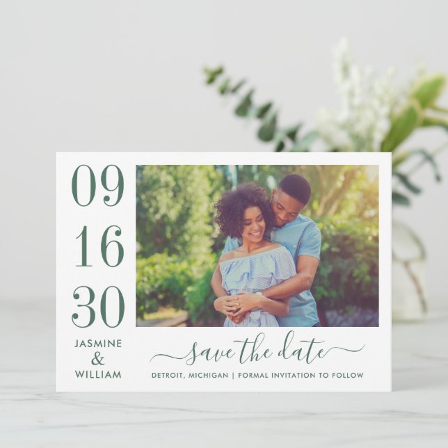 Modernes Elegance Emerald Green Wedding Foto Save The Date (Stehend Vorderseite)
