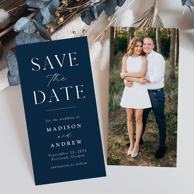 Modernes Elegance Navy Foto Save the Date (Von Creator hochgeladen)