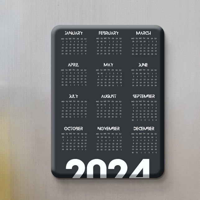 Modernes Elegant 2024 Kalender Schwarz-Weiß Magnet (Modern Elegant 2024 Calendar Black And White Magnet)