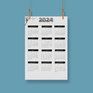 Modernes Elegant 2024 Kalender Schwarz-Weiß Poster
