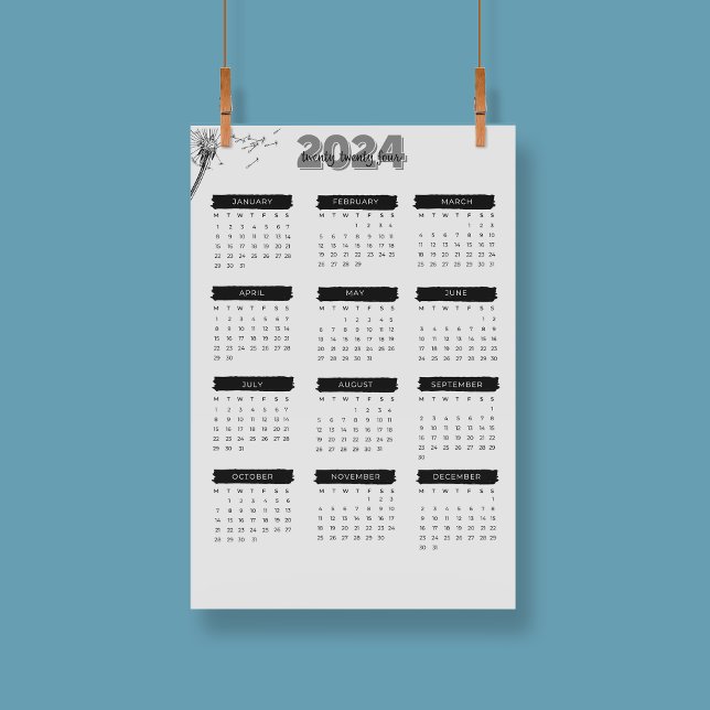 Modernes Elegant 2024 Kalender Schwarz-Weiß Poster (Modern Elegant 2024 Calendar Black And White Poster)