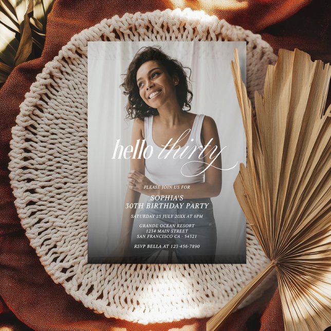 Modernes Elegant Hello Thirty Birthday Foto Script Einladung (Von Creator hochgeladen)