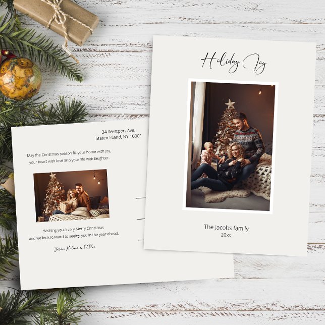 Modernes Elegant Holiday Joy Script Foto Postkarte (Von Creator hochgeladen)