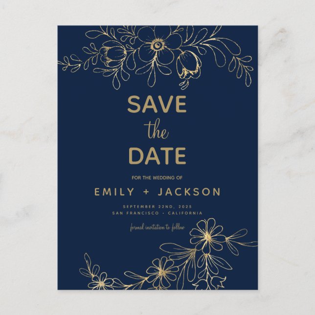 Modernes Elegant Save the Date floral Gold Navy Bl Ankündigungspostkarte (Vorderseite)