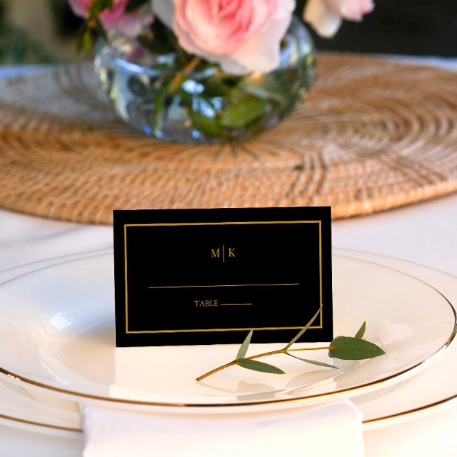 Modernes Elegant | Schwarz-Gold-Hochzeit Platzkarte (Black and Gold monogram table place card)