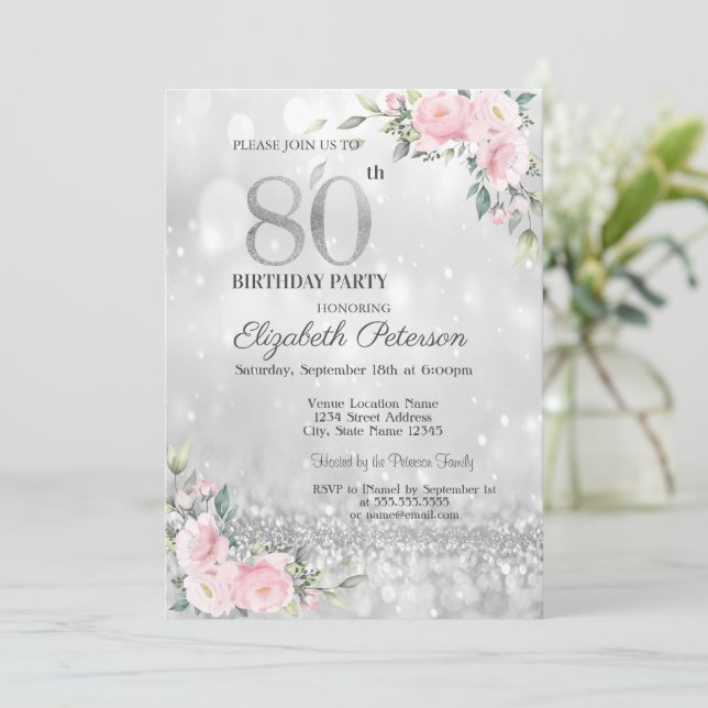 Modernes Elegant Silver Bokeh Floral 80. Geburtsta Einladung (Stehend Vorderseite)
