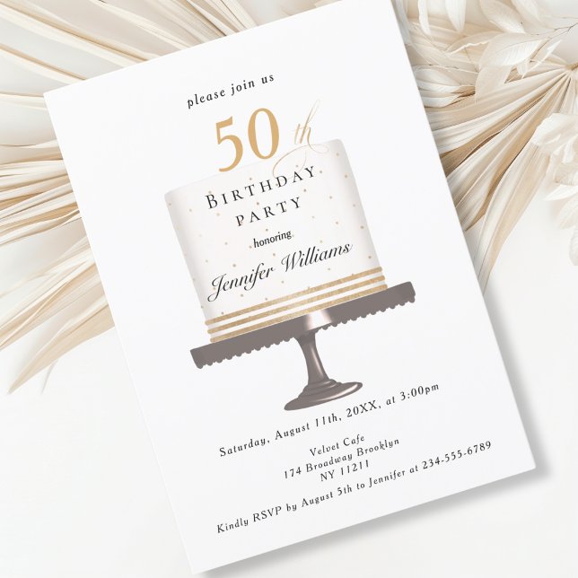 Modernes, elegante Einladung zum Geburtstag (Modern, elegant, birthday cake, white & gold invitation.)