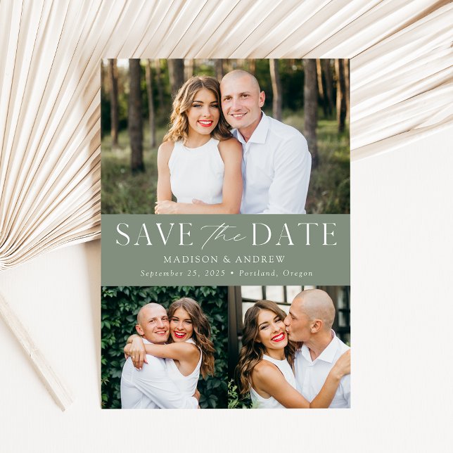 Modernes elegantes 3-Foto-Sage Green Save The Date (Von Creator hochgeladen)