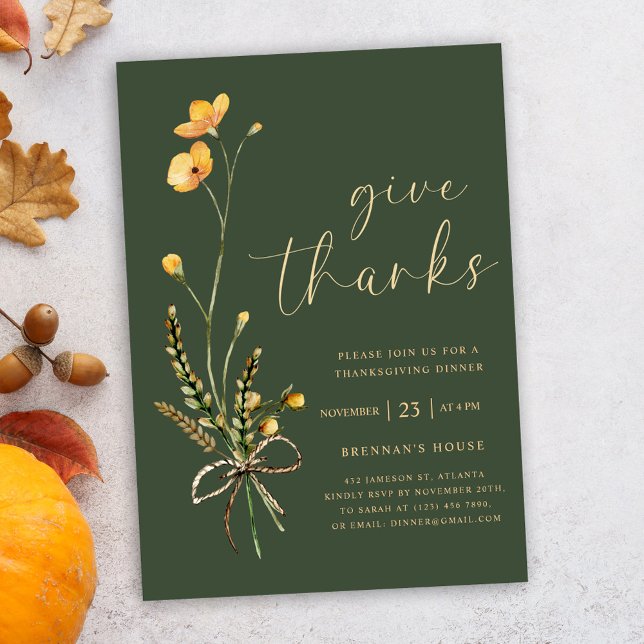 Modernes, elegantes Abendessen mit grünem Erntedan Einladung (Elegant Wildflower Green Thanksgiving Dinner Invitation)