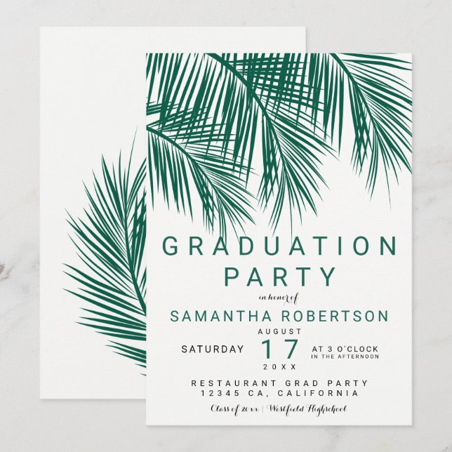 Modernes elegantes Abschluss-Party der GrünPalme Einladung (Vorne/Hinten)