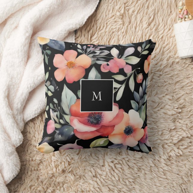 Modernes, elegantes Aquarellblumen mit Monogramm Kissen (Decke)