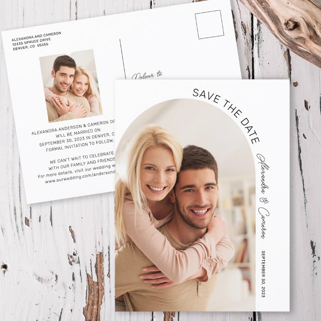 Modernes elegantes Arch Script-Foto Save the Date Postkarte (Von Creator hochgeladen)