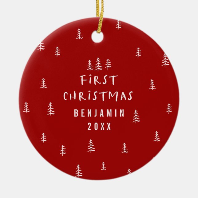 Modernes, elegantes Baby First Weihnachten rot Keramik Ornament (Vorne)
