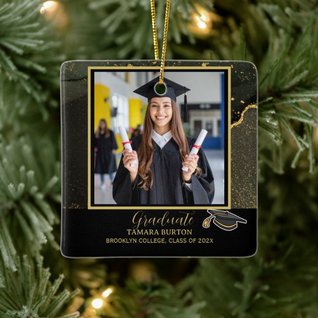 Modernes elegantes Black and Gold Abschluss Foto Keramikornament (Baum)