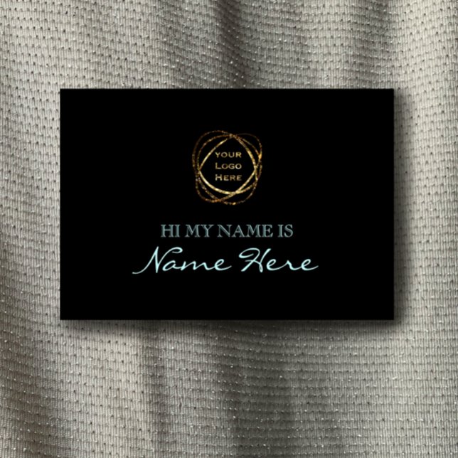 Modernes elegantes Black Aqua Add Business-Logo Namensschild (Customize this stylish, cool aqua teal on black name tag. Add own logo and personalized script.)