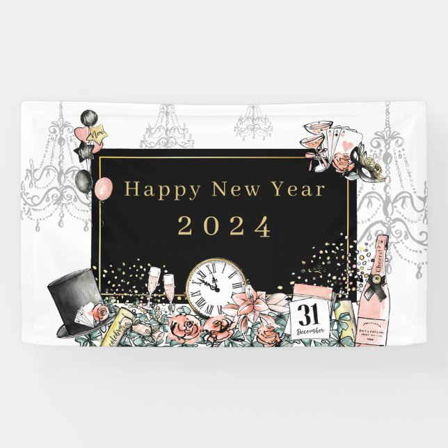 Modernes elegantes Black Gold Happy New Year Party Banner (Horizontal)