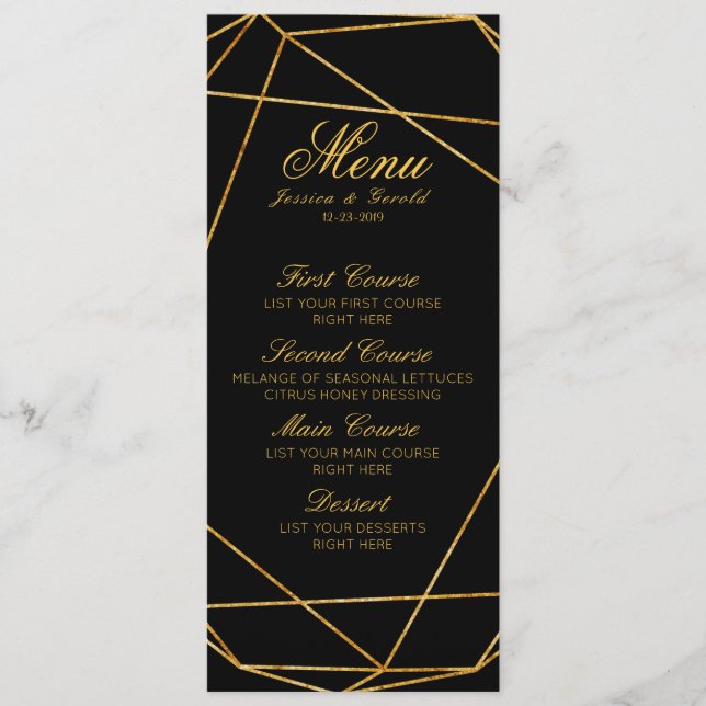 Modernes elegantes Black & Gold Wedding Menü Menükarte (Vorderseite)
