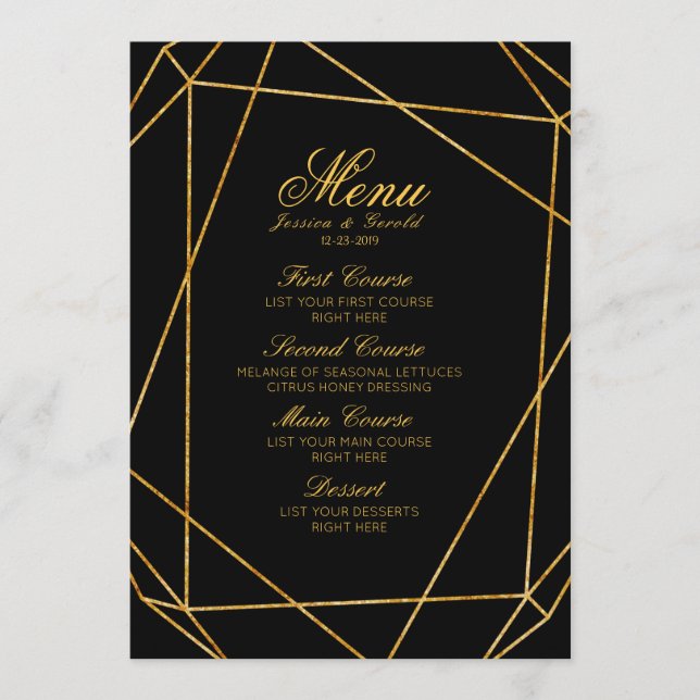 Modernes elegantes Black & Gold Wedding Menü Menükarte (Vorderseite)