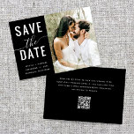 Modernes, elegantes Black Minimal QR Code Foto Hoc Save The Date<br><div class="desc">Die moderne, elegante QR-Foto-Hochzeitsfeier mit minimalem QR-Code bewahrt die Datums-Einladung auf eine einzigartige und zeitgenössische Einladungskarte, die moderne Technologie mit klassischem Design verbindet. Die Einladung ist in schwarzem Schwarz gehalten und verleiht ihr ein elegantes und raffiniertes Aussehen. Das minimalistische Design verleiht der Karte eine Touch der Einfachheit, die sie perfekt...</div>