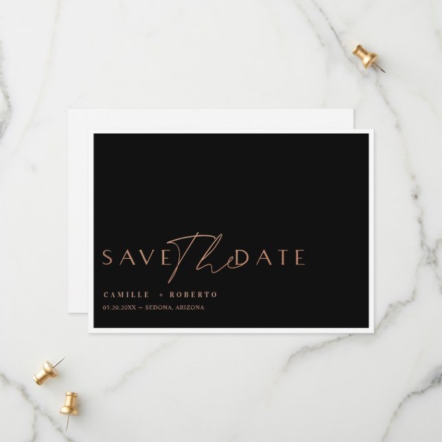 Modernes & elegantes Black & Rose Blush Gold Scrip Save The Date (Vorderseite/Rückseite Beispiel)