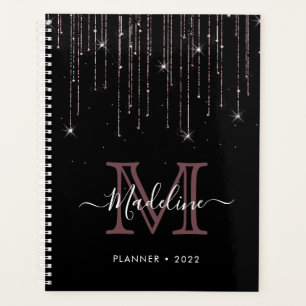 Modernes, elegantes Black Rose Gold Glitzer Monogr Planer
