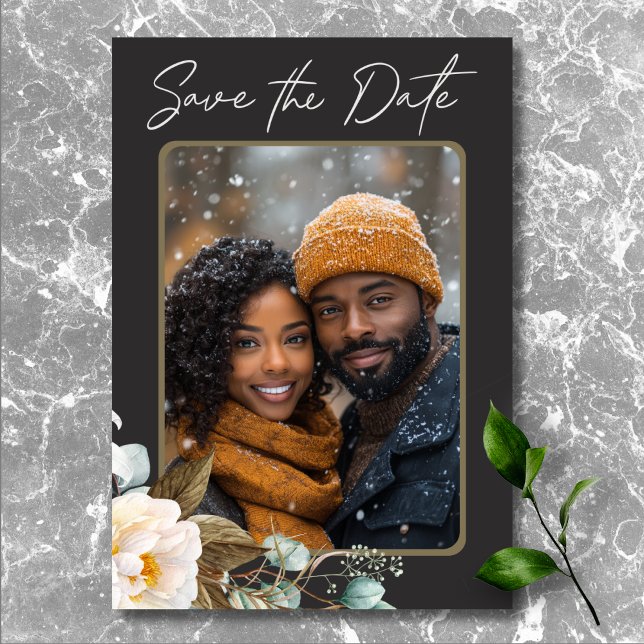 Modernes, elegantes Black Wedding Foto Save The Date (Modern Elegant White Peonies Black Wedding Photo Save The Date)