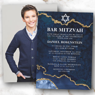 Modernes Elegantes Blue Gold Marble Bar Mitzvah Fo Einladung