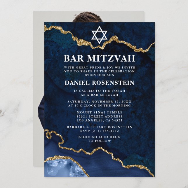 Modernes Elegantes Blue Gold Marble Bar Mitzvah Fo Einladung (Vorne/Hinten)