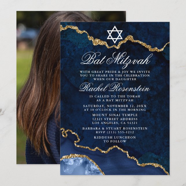 Modernes Elegantes Blue Gold Marble Bat Mitzvah Fo Einladung (Vorne/Hinten)