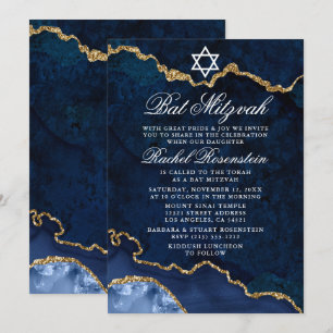 Modernes elegantes Blue Gold Marble Geode Bat Mitz Einladung