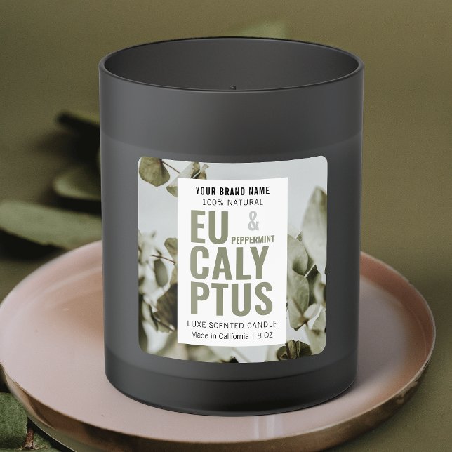 Modernes, elegantes Candle Product Label mit Foto Quadratischer Aufkleber (Professional sage green and white square product label with custom image background)