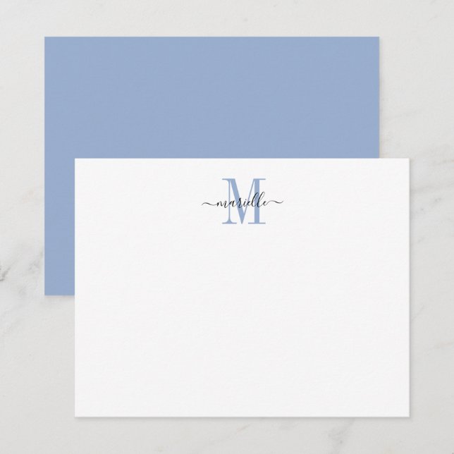 Modernes, elegantes Chic Script Dusty Blue Monogra Mitteilungskarte (Vorne/Hinten)
