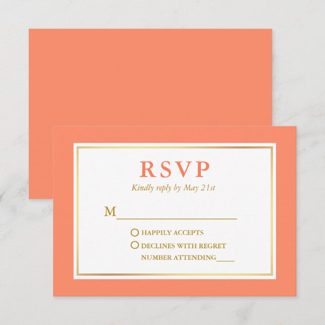 Modernes elegantes Coral White Gold RSVP Karte (Vorne/Hinten)